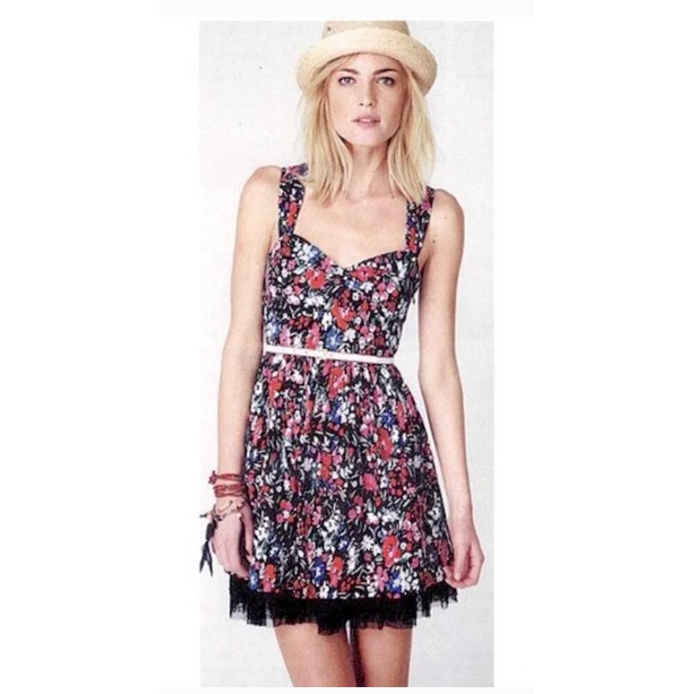 Free People Sunkissed Summer Floral Mini Dress Tulle Hem Fit Flare Boho Size 8